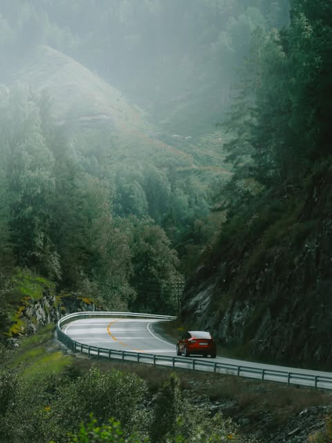 Winding road through a green Norwegian valley
